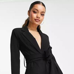 ASOS DESIGN Petite jersey suit blazer with obi tie waist in black